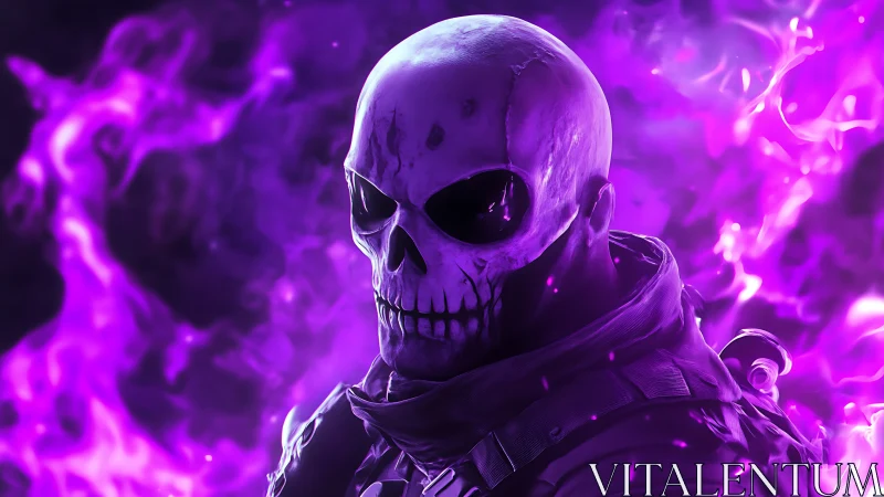 Skull-headed figure in tactical gear amid violet flames.
