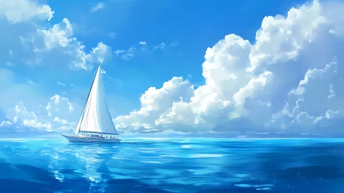 Peaceful sailboat drifting beneath bright summer clouds.