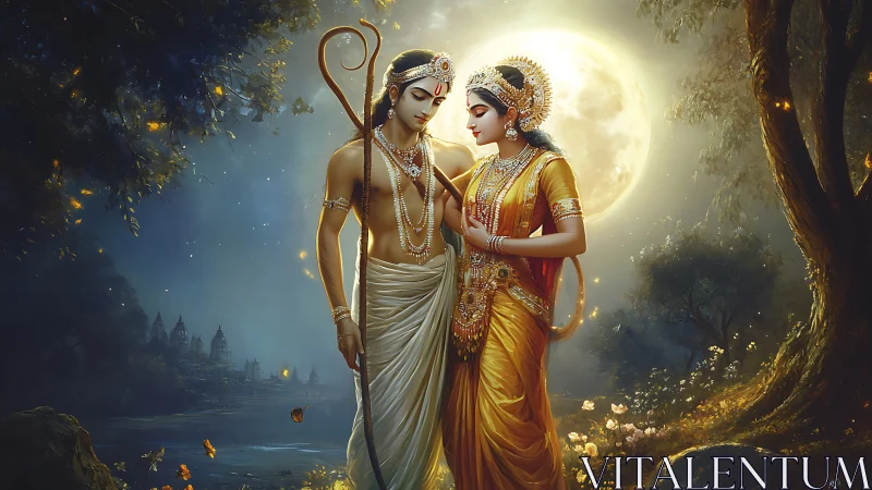 Moonlit divine couple shares a gentle walk through the forest