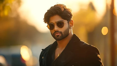 Portrait of man in sunglasses under warm sunset lighting.