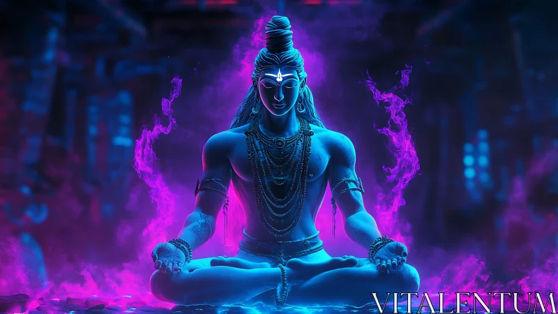 Luminous blue deity in serene meditation amid glowing mist.