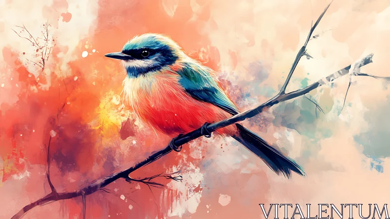 Vibrant watercolor bird on branch in dreamy abstract background.
