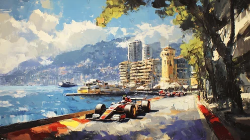 Formula One street circuit beside marina in coastal cityscape