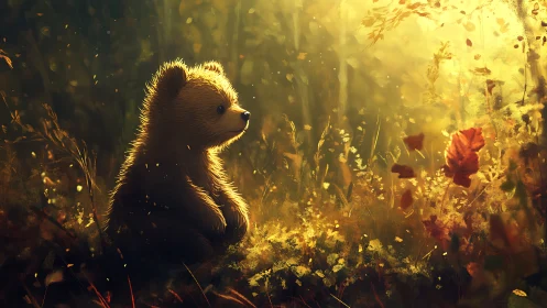 Backlit bear cub studies drifting autumn foliage in forest light