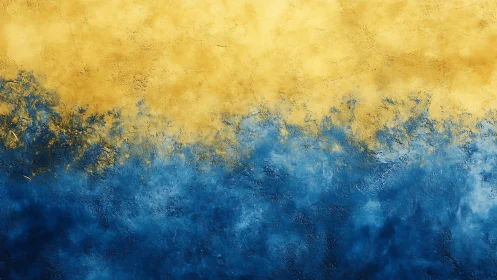 Textured abstract painting in yellow and blue with blended border.
