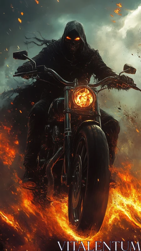Hooded fiery rider charging through infernal stormscape.
