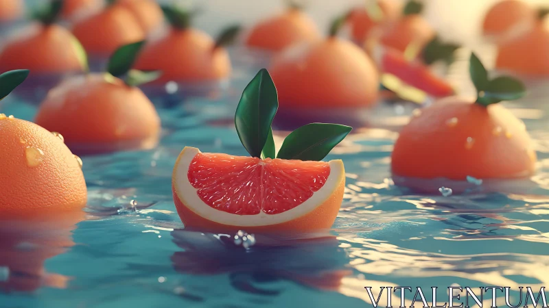 Grapefruit halves drift on shimmering water at sunrise.