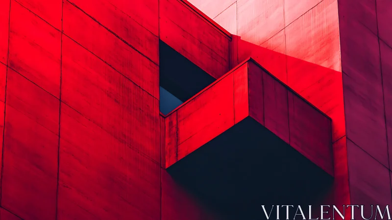 Red concrete building facade with sharp balcony shadows.