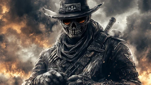 Flaming skull gunslinger framed by explosive dust storm.