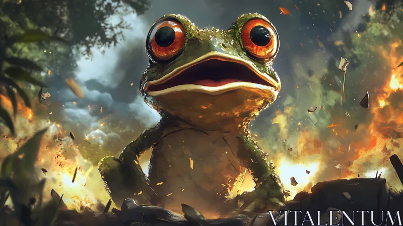 Amphibian close-up amid explosive debris with cinematic depth