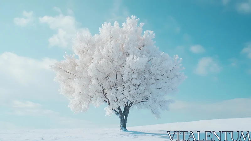 Frost crowned lone winter tree under soft turquoise sky.