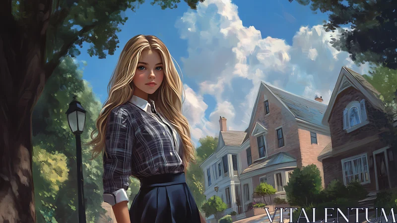 Digital painting of suburban street portrait with soft realism.