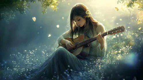 Ethereal young guitarist in luminous forest glade at dusk