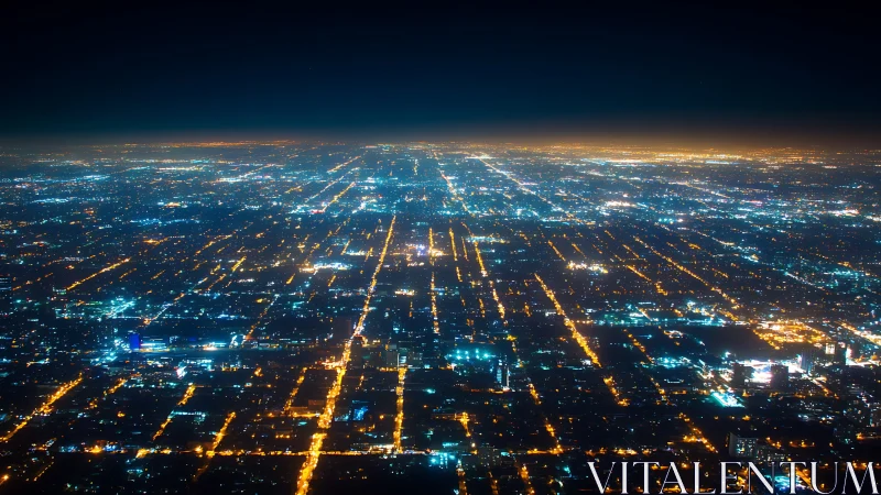 Cyberpunk aerial gridscape with luminous urban horizon lines.