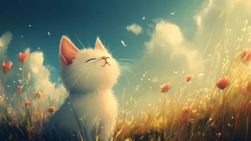 White Cat Blissful in Golden Wildflower Meadow.