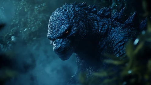 Midnight kaiju prowls through mist-laced jungle shadows.