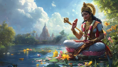 Lotus lake goddess in tranquil prayer before distant temple.