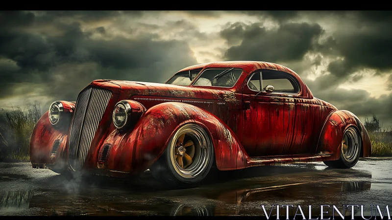 Weathered red hot rod coupe rendered with high dynamic contrast