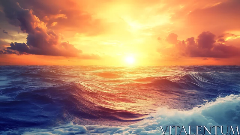 Sunlit waves and painted clouds on a glowing ocean horizon.