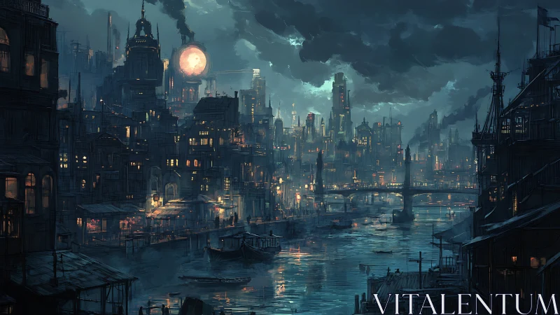 Nocturnal industrial canal city under luminous clock moon.