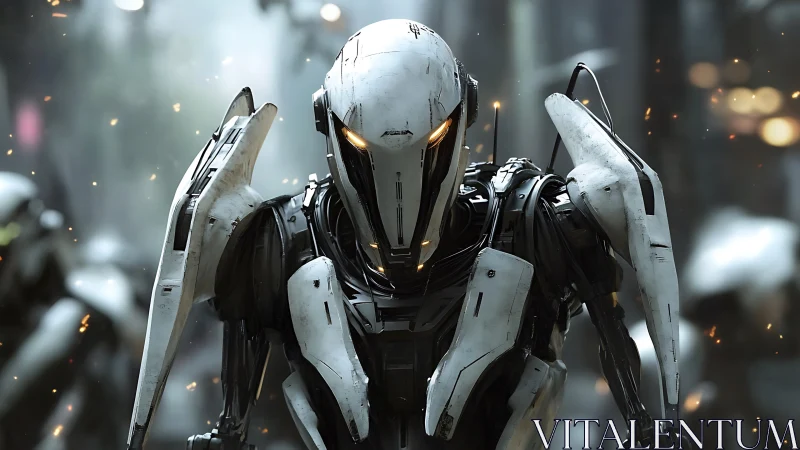 War-torn combat android advancing through burning city.