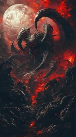 Demonic tentacled creature rises under full moon in fire