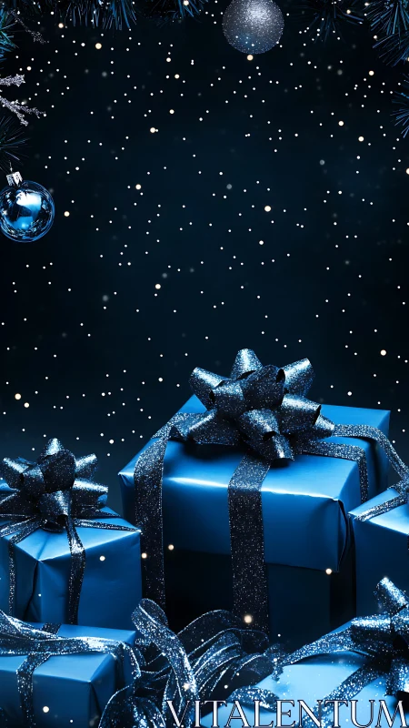 Midnight blue Christmas gifts with glitter bows under snow.