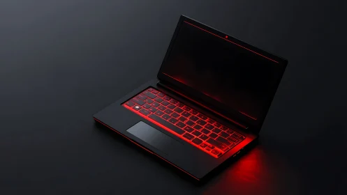 Bold red-backlit laptop glows softly in the dark studio