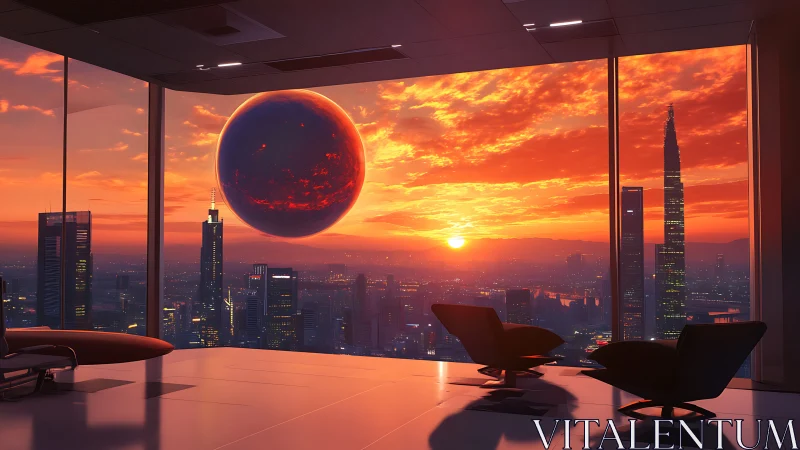 Futuristic executive lounge overlooking red celestial sphere.