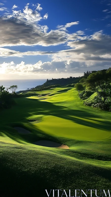 Sunlit coastal golf course rolls toward a distant ocean horizon.