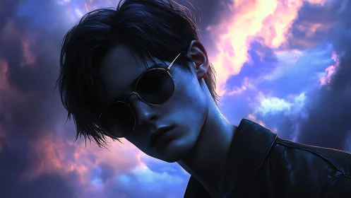 Twilight rebel in sunglasses under a stormy neon sky.