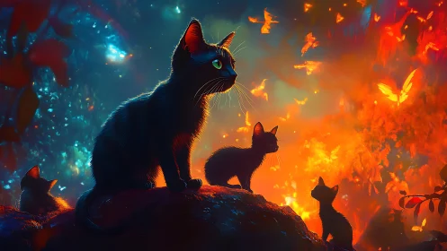 Feline Dynasty Silhouetted Against Chromatic Inferno