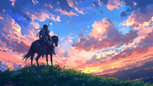 Sunset clouds crown a lone rider’s quiet hilltop vigil