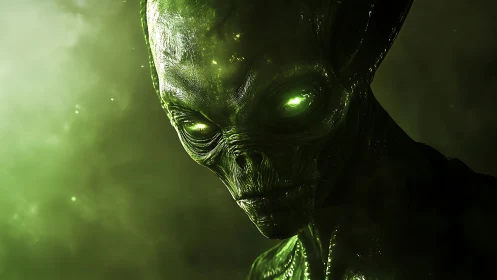 Emerald alien visage glows through dense cosmic mist.
