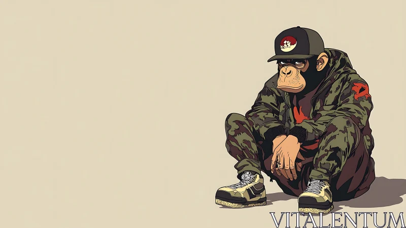 Streetwear monkey illustration sits in camo gear thoughtfully.