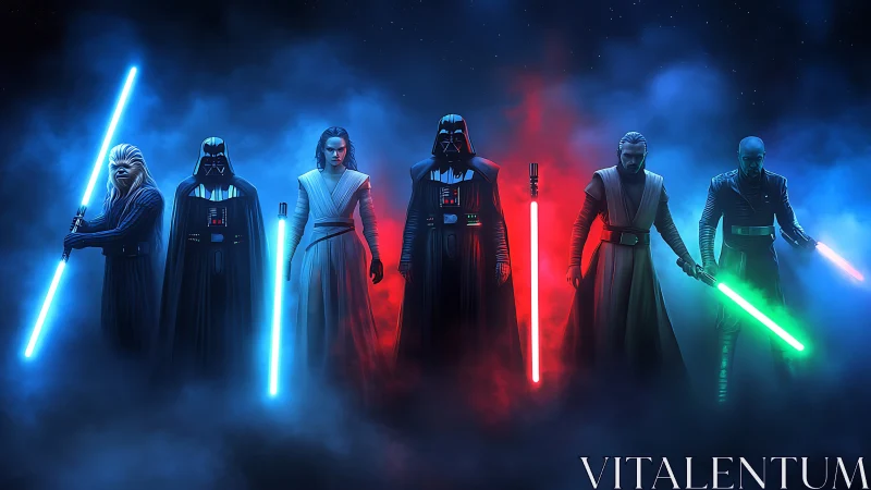 Cinematic lineup of sci‑fi warriors with luminous energy blades.