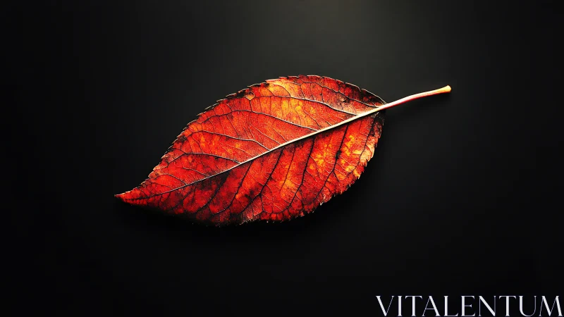 Backlit autumn leaf specimen isolated on deep black ground