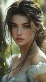 Digital close-up portrait depicts young woman in soft focus