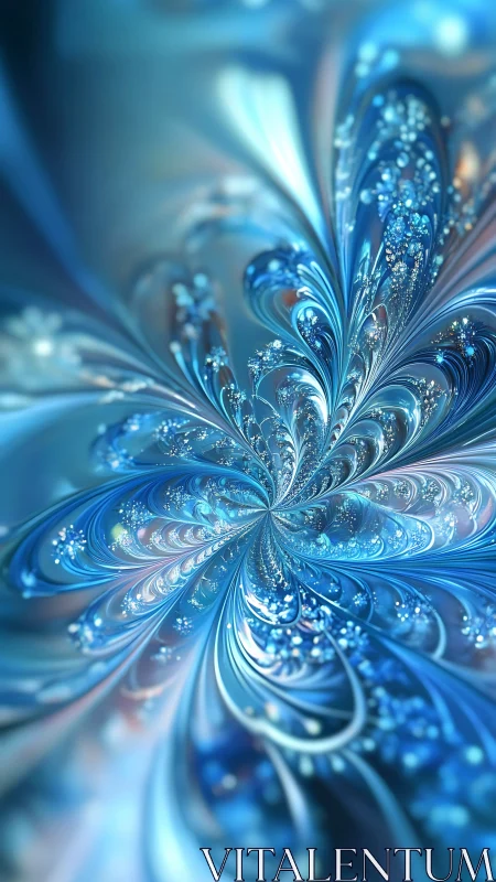 Iridescent blue fractal bloom with radial spiraling filaments.