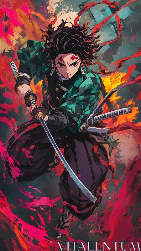 Volumetric sword charge through chromatic flame vortex.