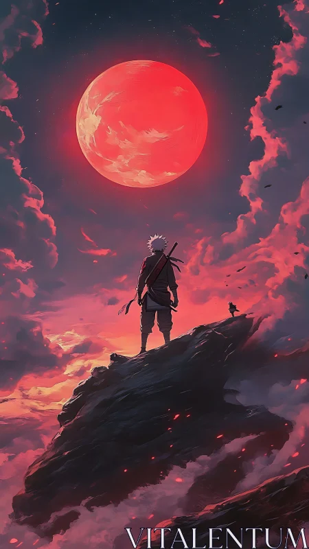 Figure on rocky peak under large red moon and clouds.