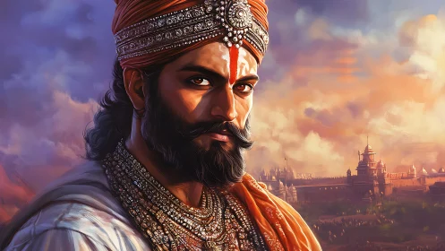 Regal warrior in sunset light guarding a distant kingdom.