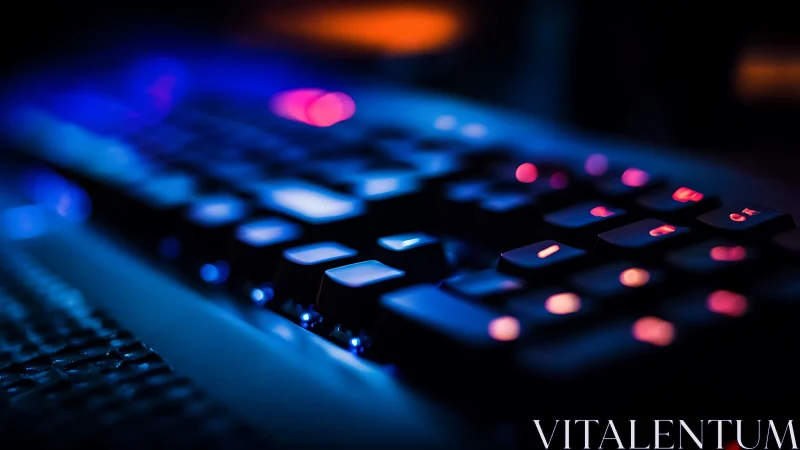 Close-up of illuminated keyboard with blue and pink lighting.