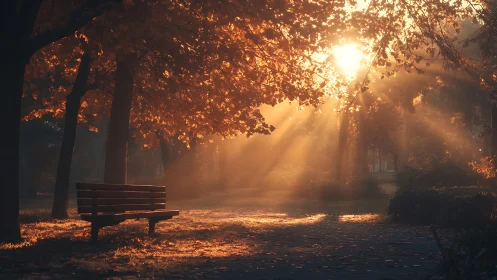 Sunlit park bench under glowing autumn canopy at dawn.