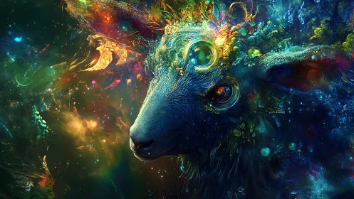 Cosmic ovine portrait with abstract luminous nebulae.