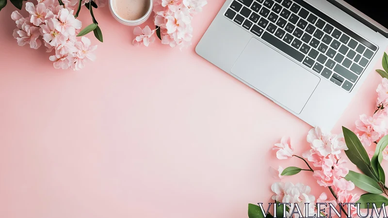 Laptop on pink surface with floral border and coffee cup.