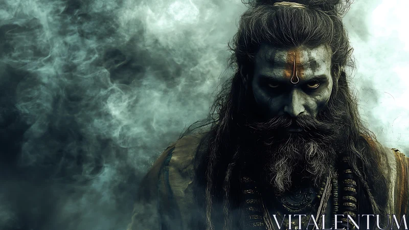 Mystical bearded figure with ash-covered face emerging from smoke