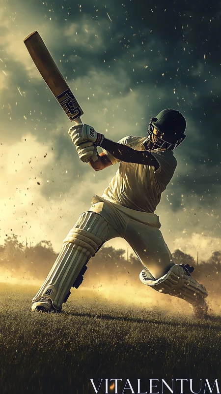 Cricketer&rsquo;s powerful shot glowing in golden evening light.