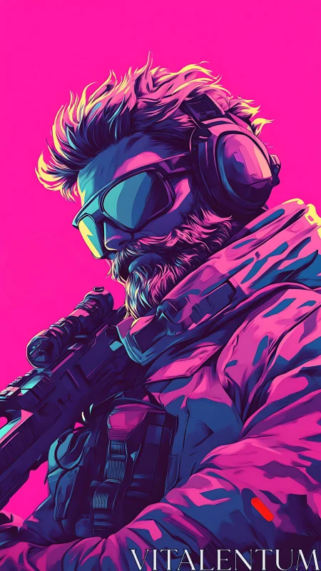 Soldier with tactical gear stands in neon pink lighting