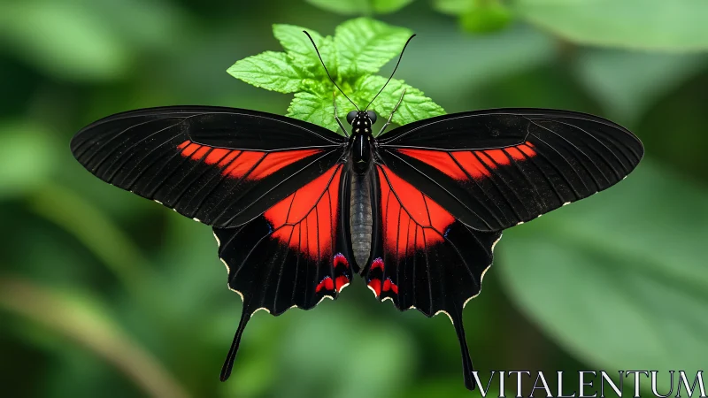 Black swallowtail butterfly shows vivid red wing bands